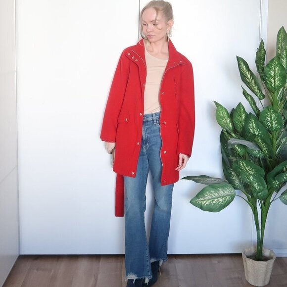 Michael Kors 100% Wool Red Coat With Stand-collar & Belt - Picture 2 of 13